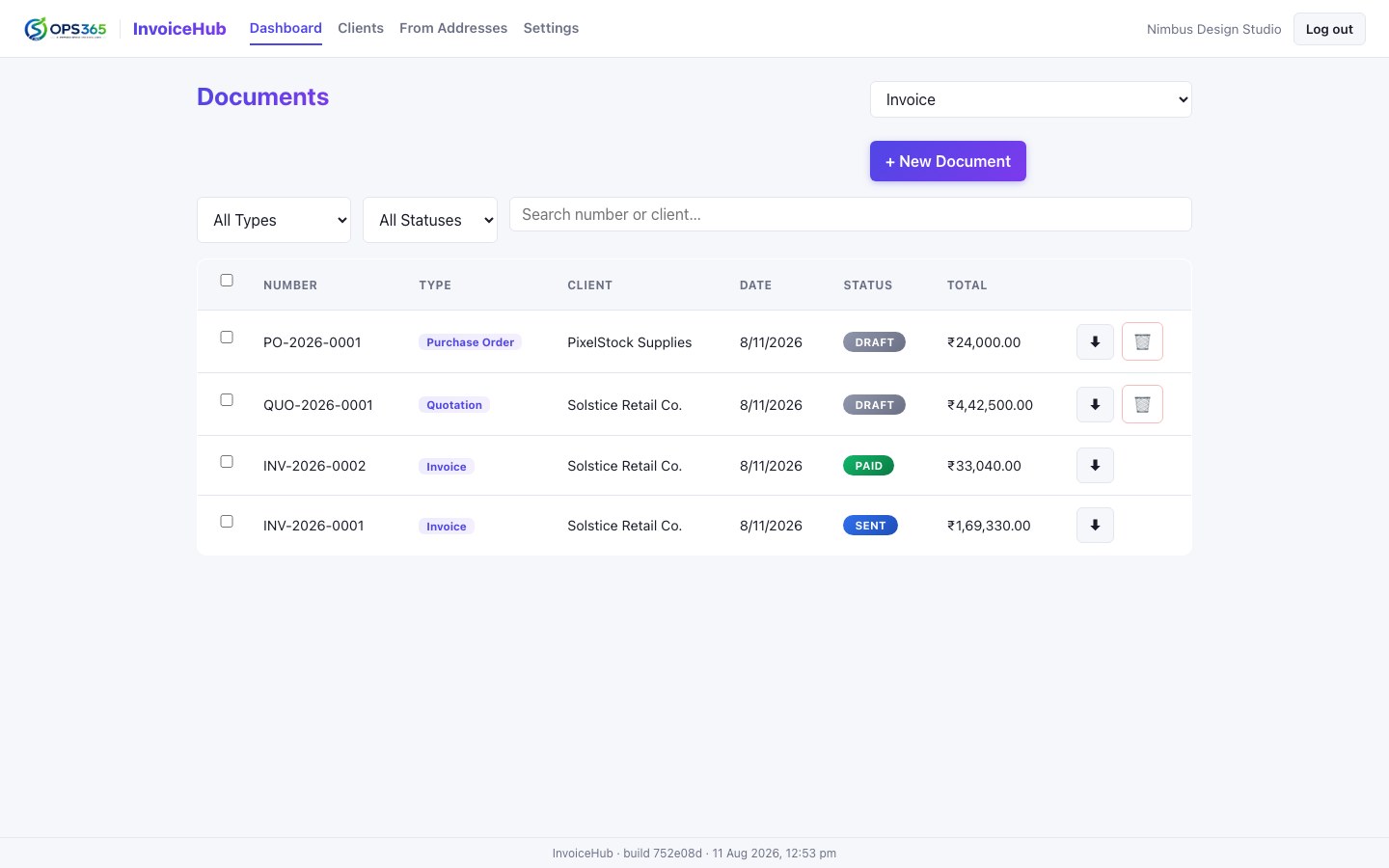 InvoiceHub document dashboard showing invoices, quotations, and a purchase order with statuses and totals