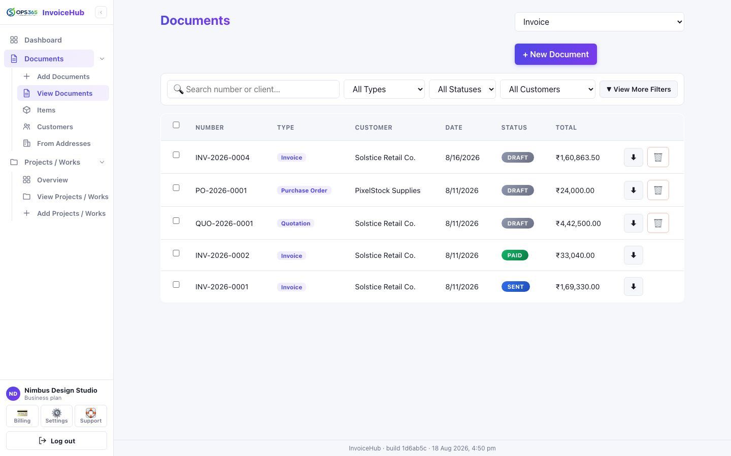 InvoiceHub document list showing invoices, a quotation, and a purchase order with statuses and totals, filterable by type, status, and customer