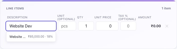 Line item description field showing an autosuggest dropdown with a previously billed item and its remembered price and tax
