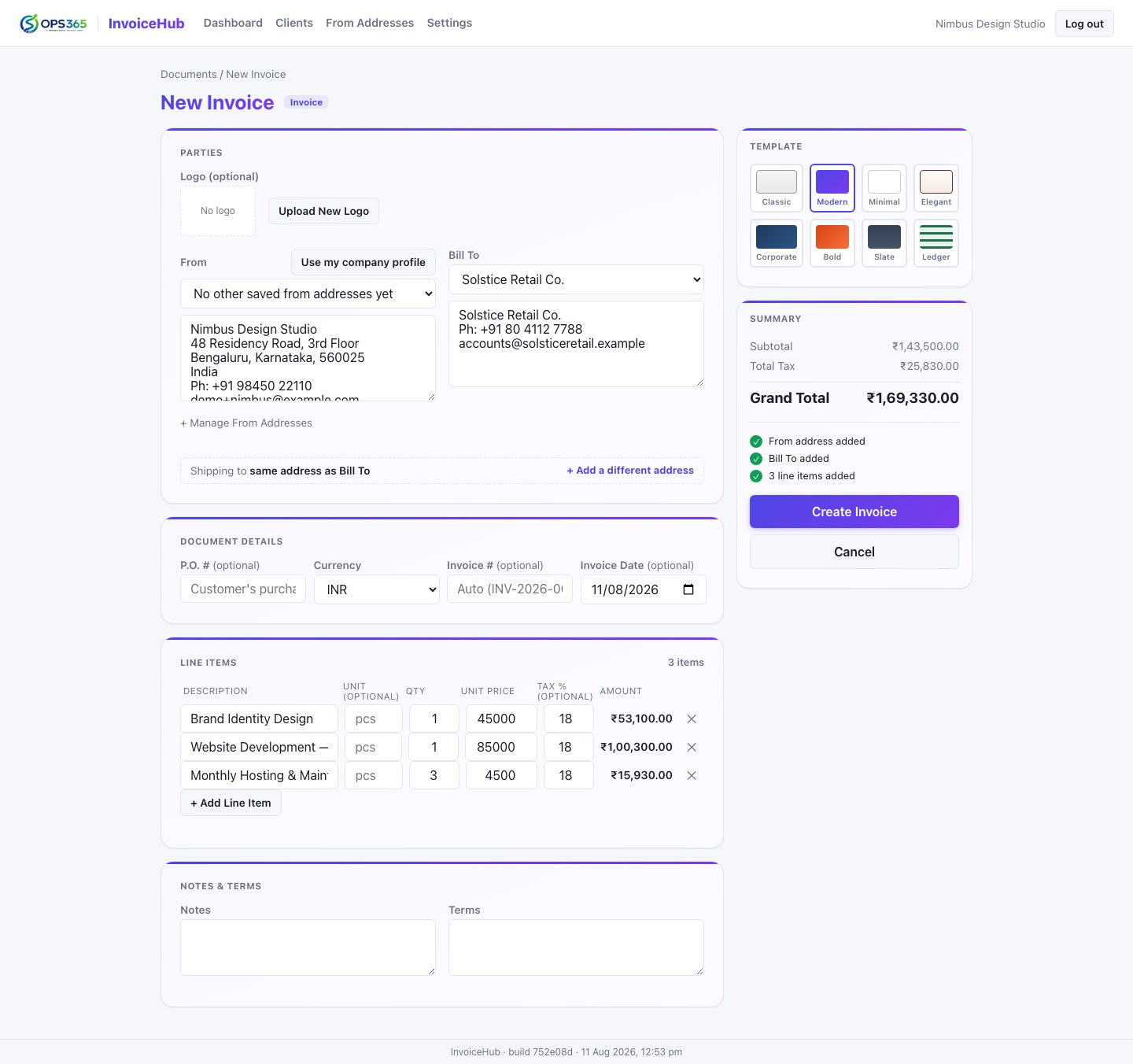 New Invoice form showing line items with quantity, unit price and tax percent, a template picker, and a live running total