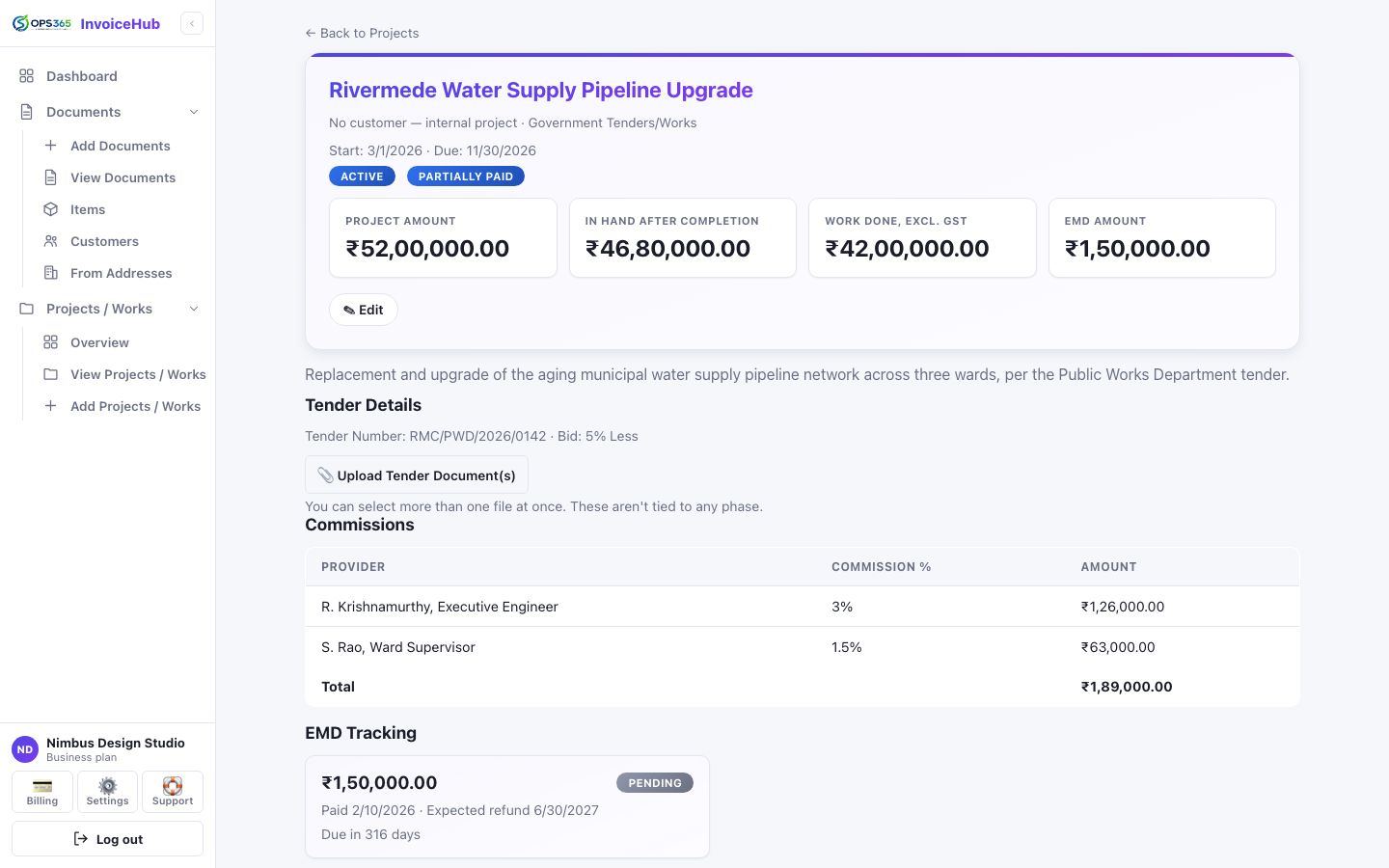 Project detail page for a Government Tenders/Works project showing tender details, a commission payouts table, EMD tracking with an automatic refund countdown, and custom phases