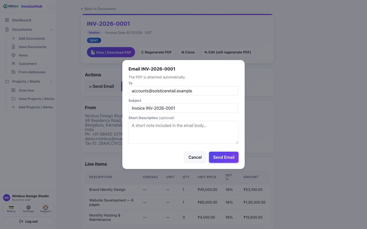 Send Email modal for an invoice, with the recipient email prefilled, an editable subject, and an optional short note, and the document's own PDF attached automatically