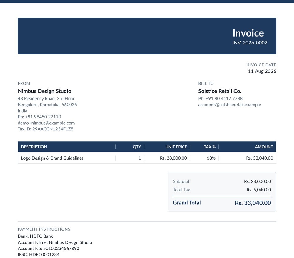 Corporate template — navy header band, boxed totals