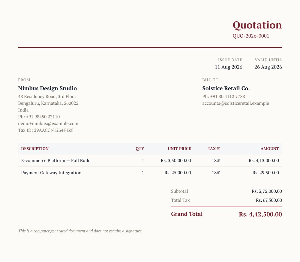 Elegant template — warm ivory background, serif type, burgundy accent