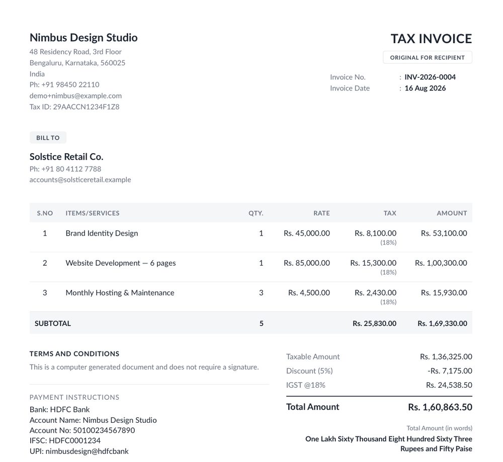 GST Invoice template — CGST/SGST split, Amount in Words, Original for Recipient badge