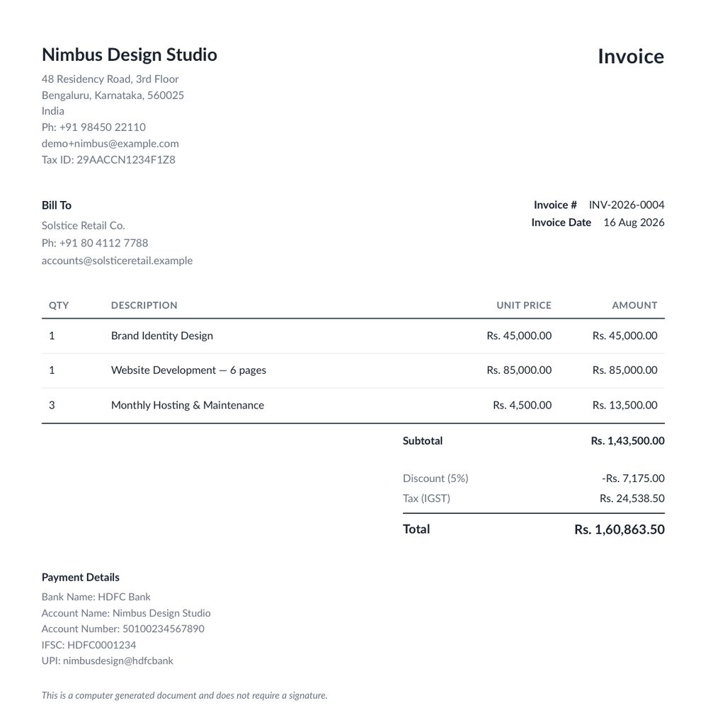 Invoice template — plain monochrome corporate layout, no accent color