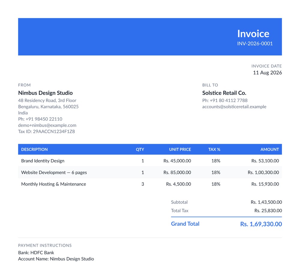 A generated invoice PDF in the Modern template, with a blue header band and striped line-item table