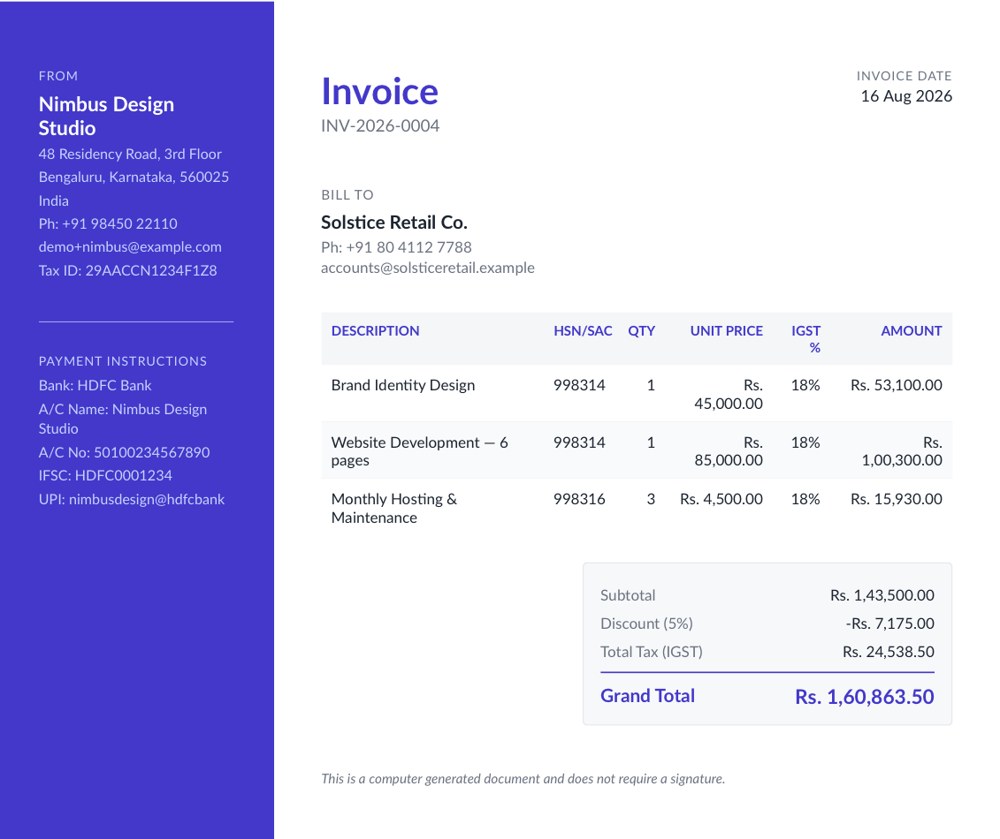 Panel template — full-height indigo sidebar holding logo, From, and payment instructions