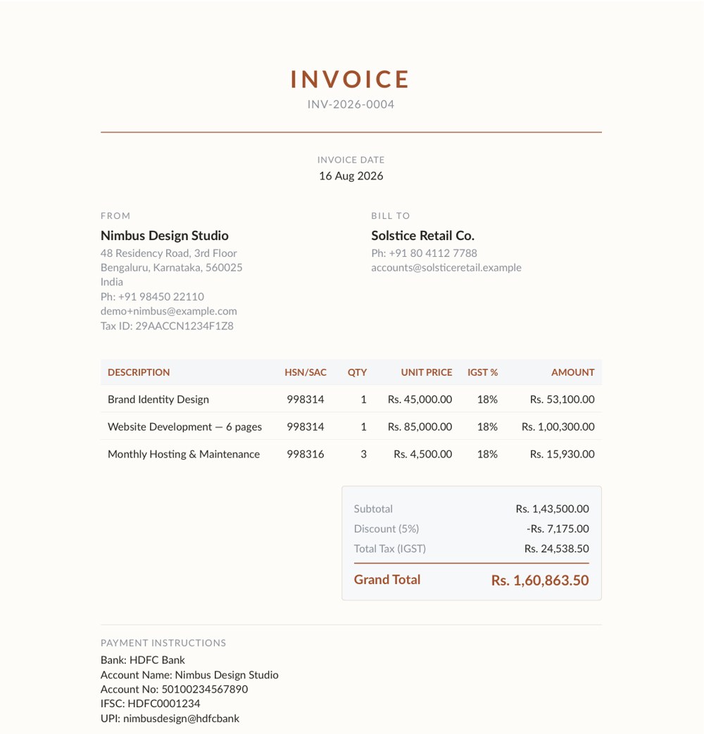 Studio template — narrow centered column, generous margins, warm cream background