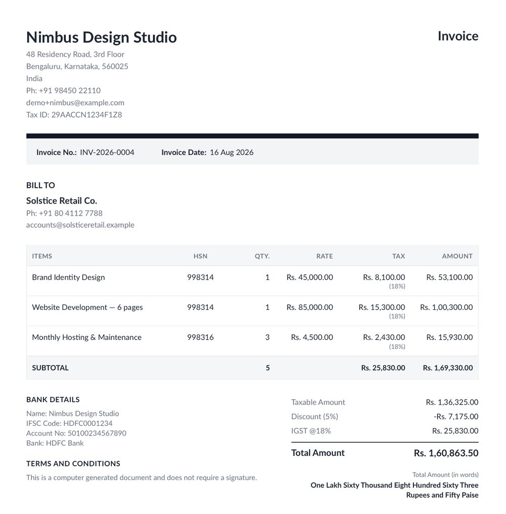Stylish template — boxed line items, shaded meta band, per-rate tax breakdown